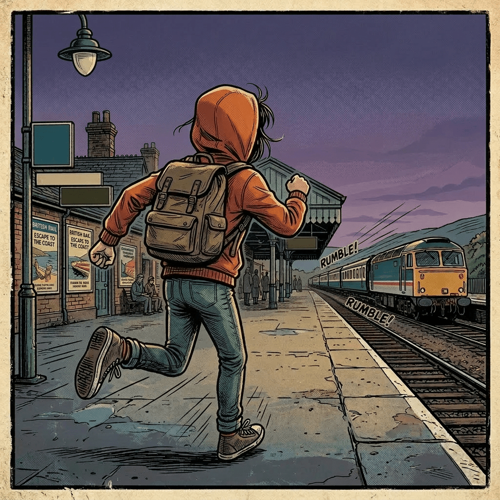 Young person running on train platform trying to catch departing train at Platform 4